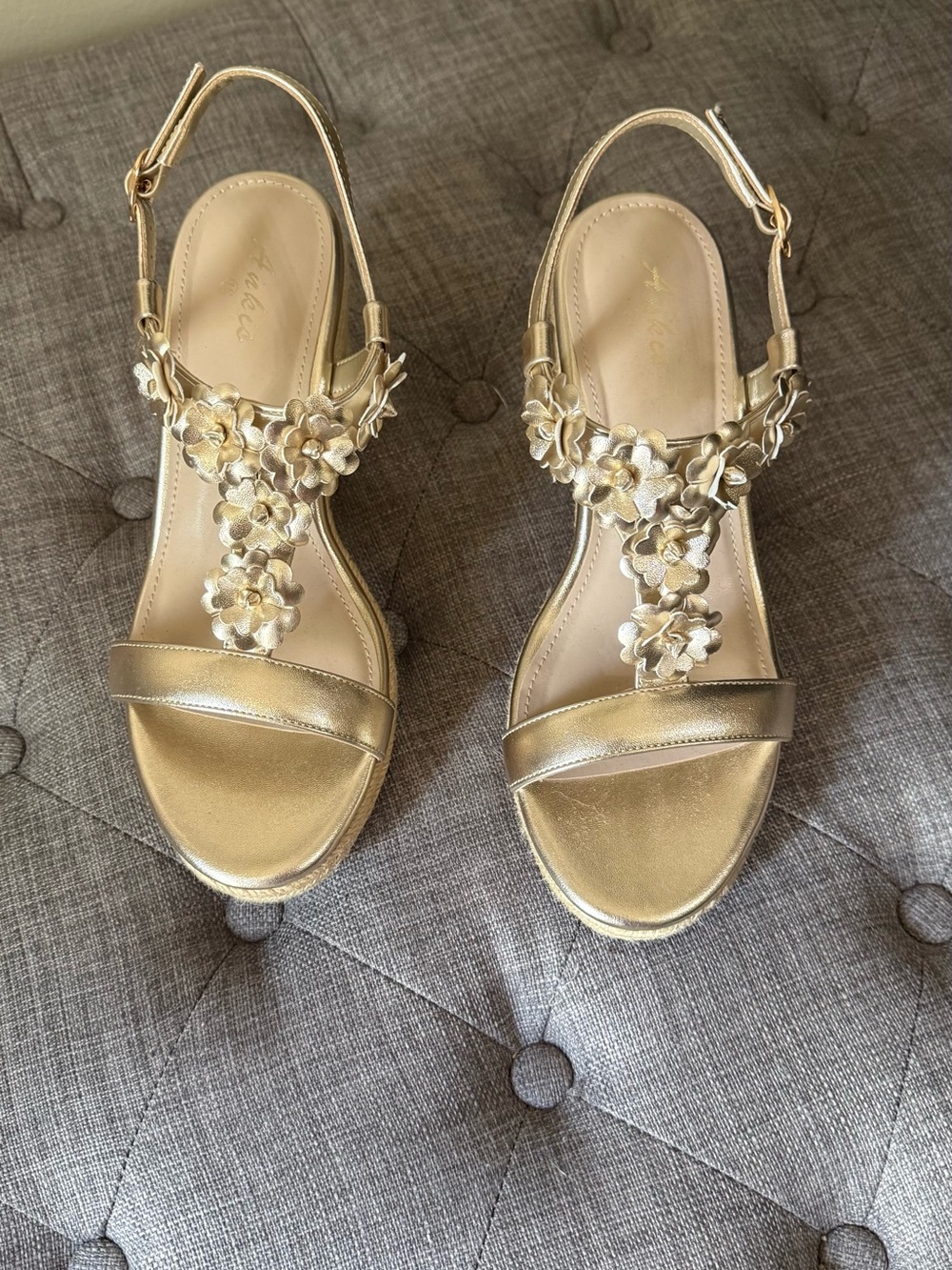 Gold Floral T-Strap Slingback Sandals for Women